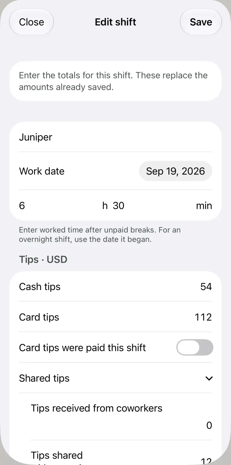 Actual Tiploom iPhone shift entry showing work hours, cash tips and card tips